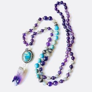 Purple Amethyst, Labradorite, Turquoise Howlite Mala Bead Silver Necklace